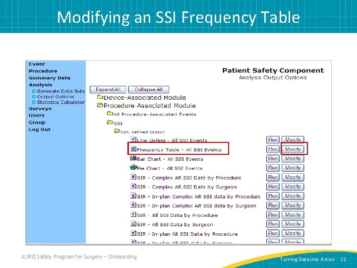 Modifying an SSI Frequency Table 21 AHRQ Safety Program for Surgery – Onboarding Turning