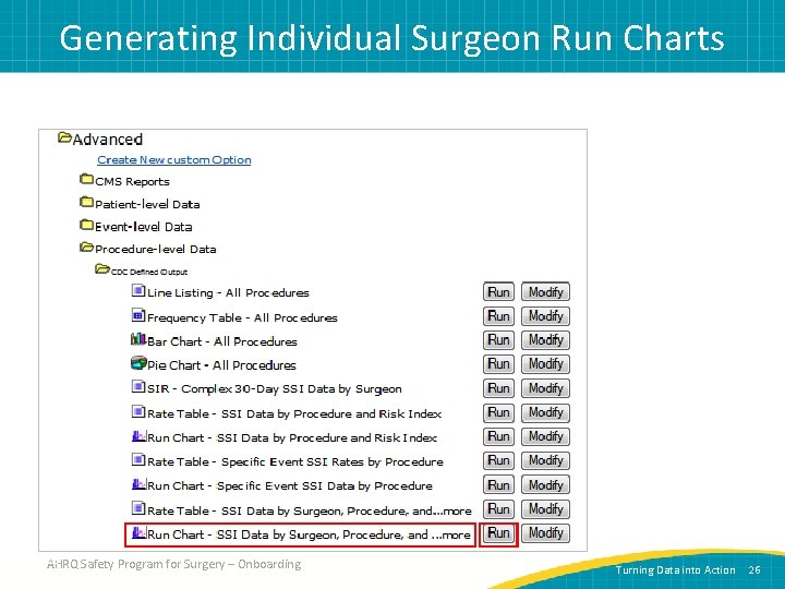 Generating Individual Surgeon Run Charts 26 AHRQ Safety Program for Surgery – Onboarding Turning