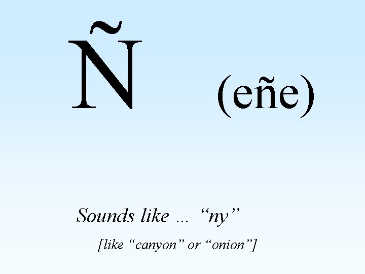 Ñ (eñe) Sounds like … “ny” [like “canyon” or “onion”] 