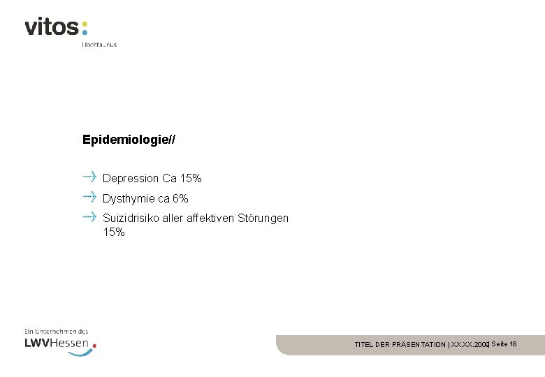 Epidemiologie// Depression Ca 15% Dysthymie ca 6% Suizidrisiko aller affektiven Störungen 15% TITEL DER