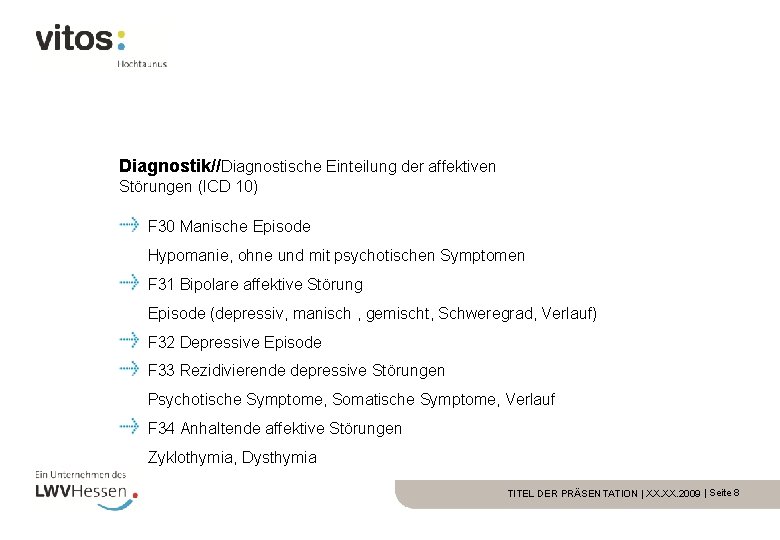 Diagnostik//Diagnostische Einteilung der affektiven Störungen (ICD 10) F 30 Manische Episode Hypomanie, ohne und