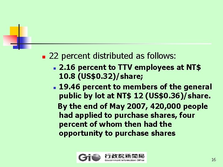 n 22 percent distributed as follows: 2. 16 percent to TTV employees at NT$