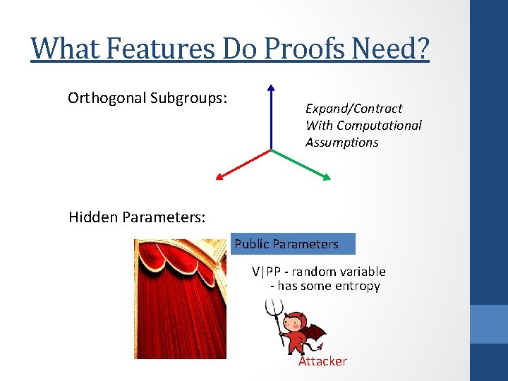 What Features Do Proofs Need? Orthogonal Subgroups: Expand/Contract With Computational Assumptions Hidden Parameters: Public