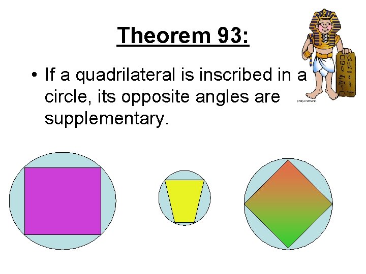 Theorem 93: • If a quadrilateral is inscribed in a circle, its opposite angles Theorem 93: • If a quadrilateral is inscribed in a circle, its opposite angles