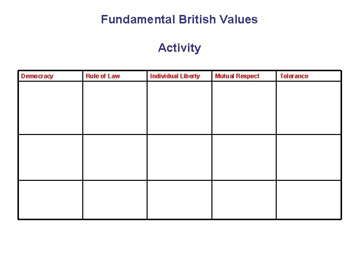 Fundamental British Values Activity Democracy Rule of Law Individual Liberty Mutual Respect Tolerance 