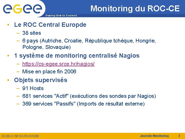 Monitoring du ROC-CE Enabling Grids for E-scienc. E • Le ROC Central Europde –