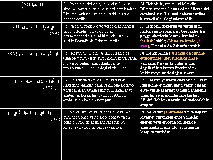 54. Rabbiniz, sizi en iyi bilendir. Dilerse size merhamet eder; dilerse sizi cezalandırır. Biz,