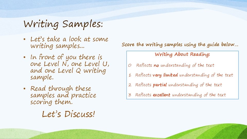 Writing Samples: • Let’s take a look at some writing samples. . . Score
