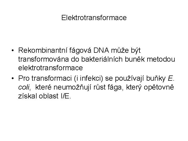 Elektrotransformace • Rekombinantní fágová DNA může být transformována do bakteriálních buněk metodou elektrotransformace •