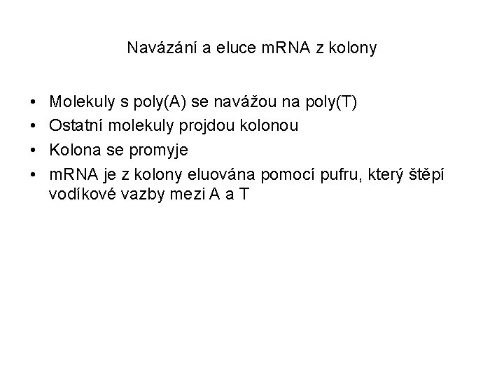 Navázání a eluce m. RNA z kolony • • Molekuly s poly(A) se navážou