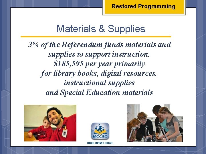 Restored Programming Materials & Supplies 3% of the Referendum funds materials and supplies to