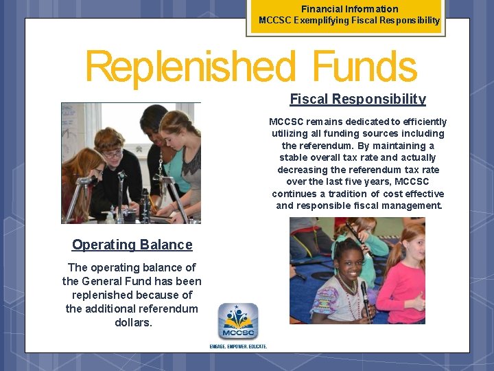 Financial Information MCCSC Exemplifying Fiscal Responsibility Replenished Funds Fiscal Responsibility MCCSC remains dedicated to