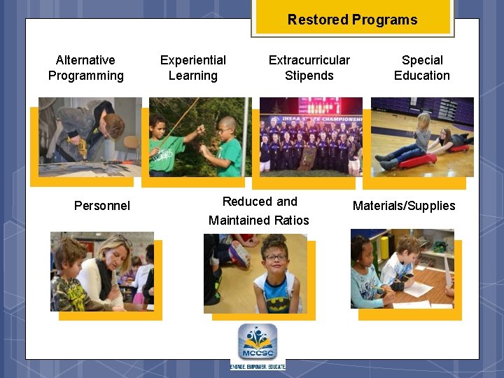 Restored Programs Alternative Programming Personnel Experiential Learning Extracurricular Stipends Reduced and Maintained Ratios Special