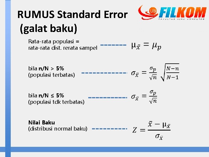 RUMUS Standard Error (galat baku) Rata-rata populasi = rata-rata dist. rerata sampel bila n/N