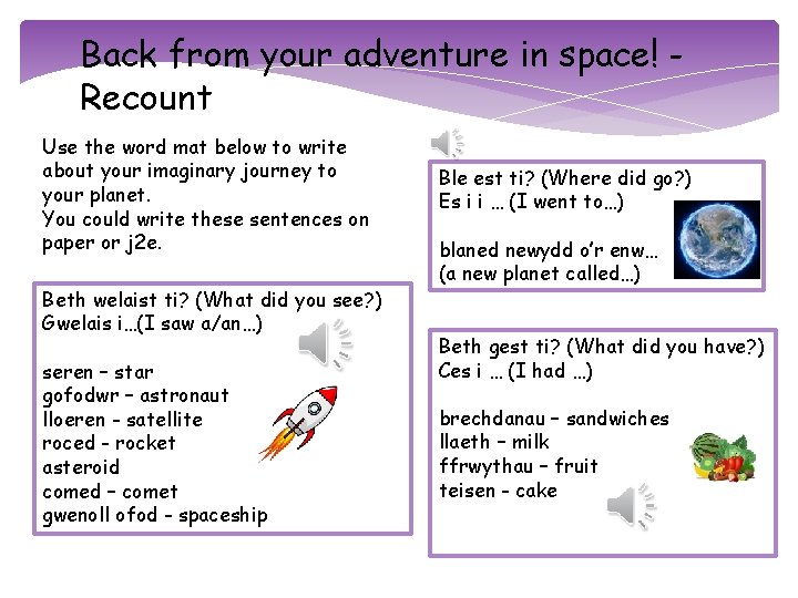 Back from your adventure in space! Recount Use the word mat below to write