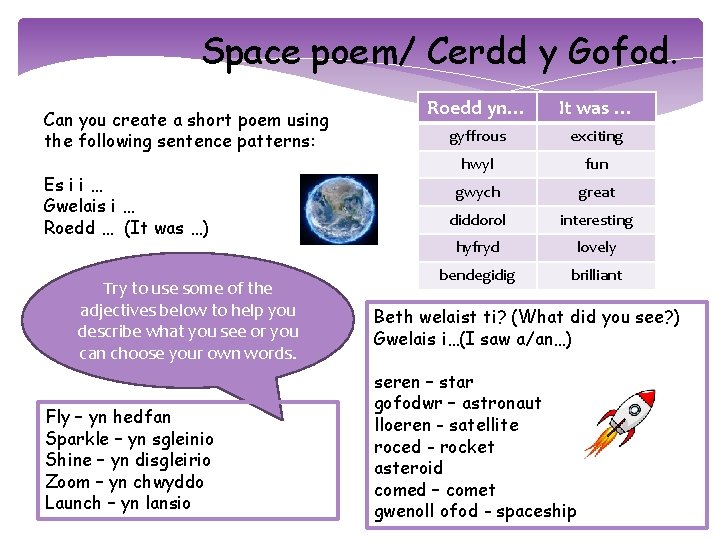 Space poem/ Cerdd y Gofod. Can you create a short poem using the following