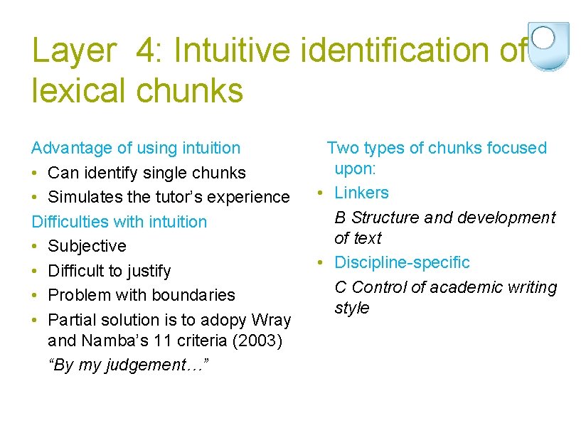 Layer 4: Intuitive identification of lexical chunks Advantage of using intuition • Can identify