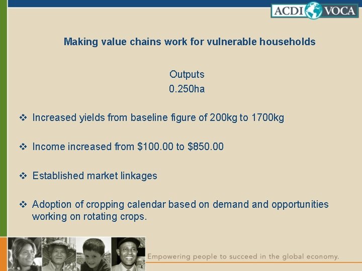 Making value chains work for vulnerable households Outputs 0. 250 ha v Increased yields