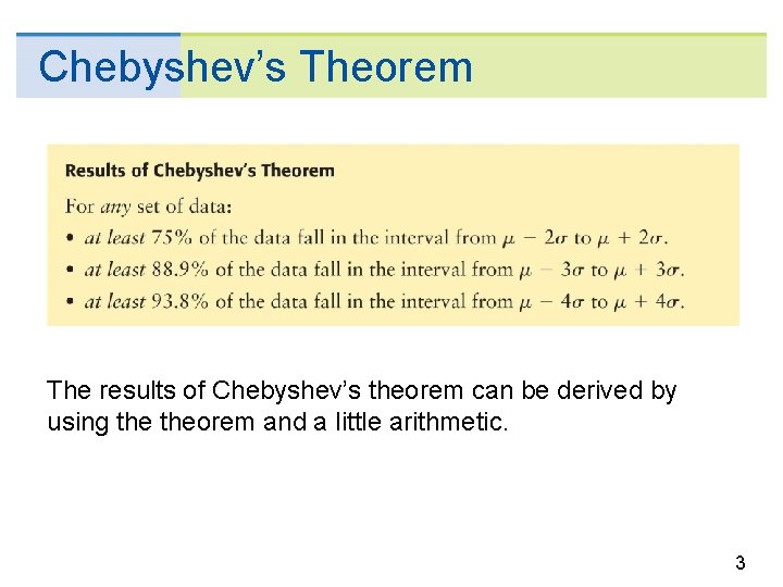Chebyshev’s Theorem The results of Chebyshev’s theorem can be derived by using theorem and