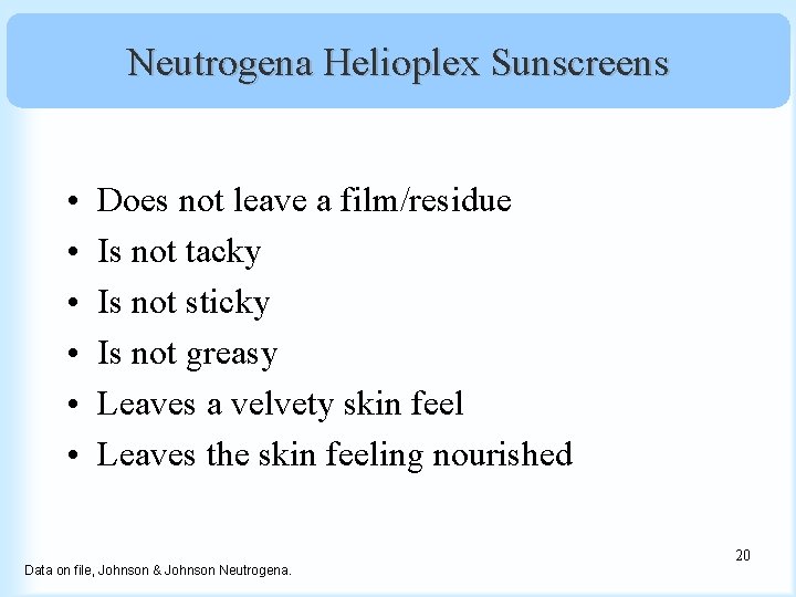 Neutrogena Helioplex Sunscreens • • • Does not leave a film/residue Is not tacky