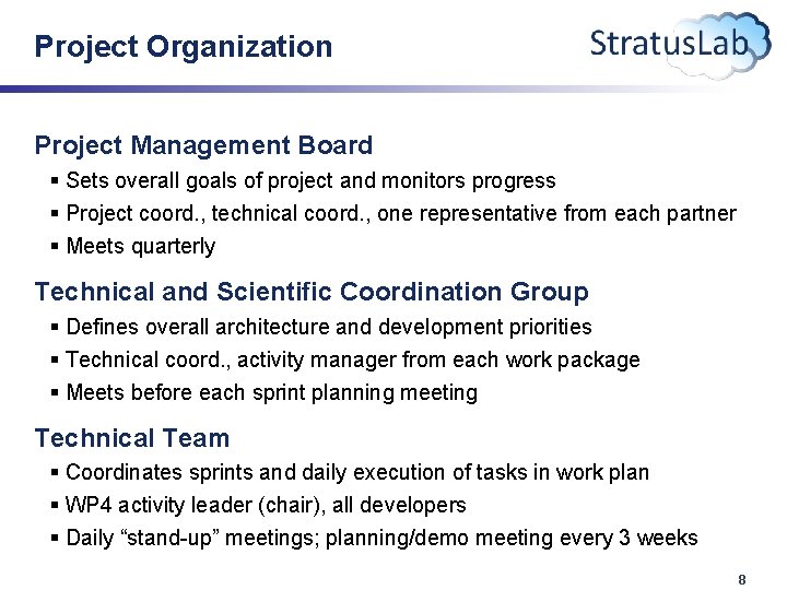 Project Organization Project Management Board § Sets overall goals of project and monitors progress