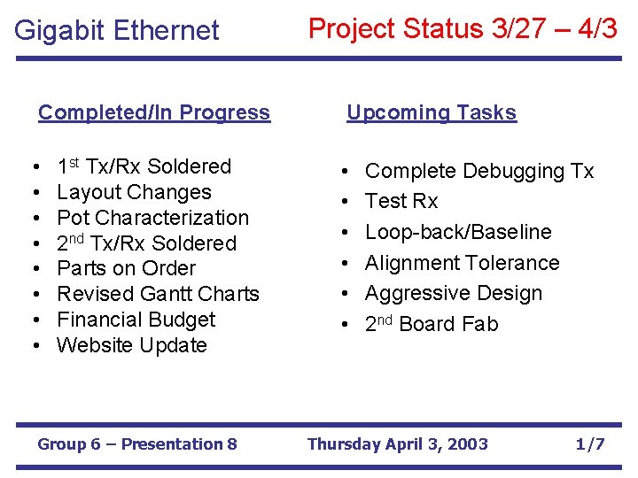 Gigabit Ethernet Project Status 3/27 – 4/3 Completed/In Progress Upcoming Tasks • • •