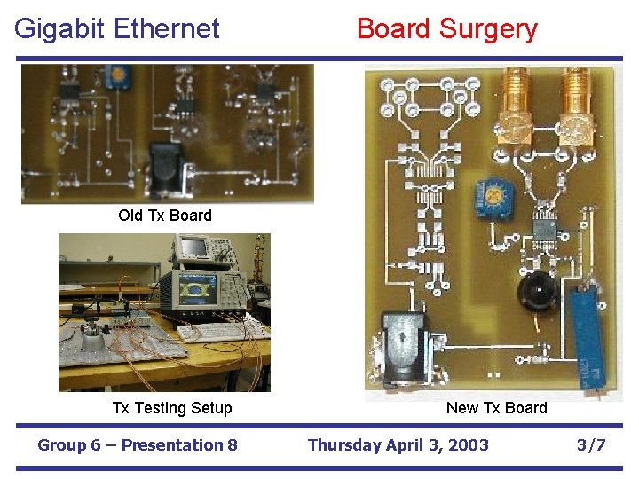 Gigabit Ethernet Board Surgery Old Tx Board Tx Testing Setup Group 6 – Presentation