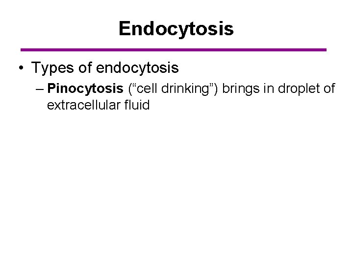 Endocytosis • Types of endocytosis – Pinocytosis (“cell drinking”) brings in droplet of extracellular