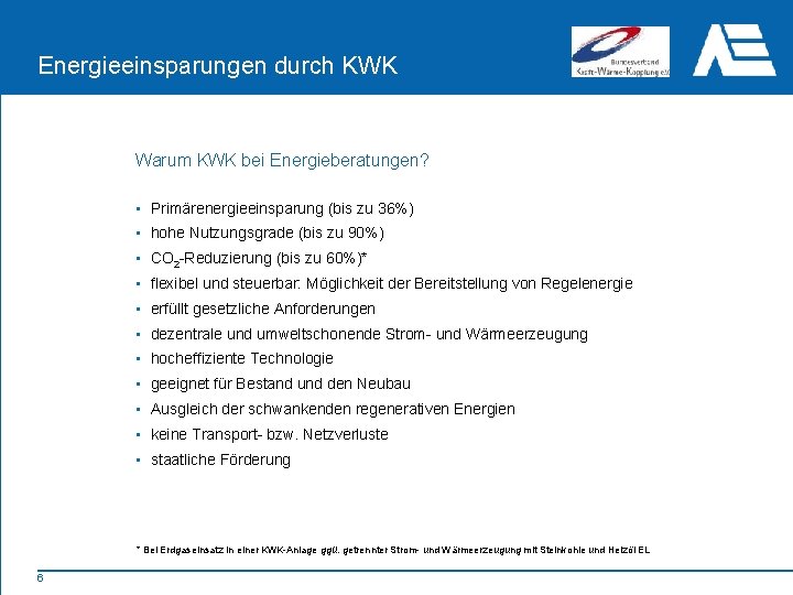 Energieeinsparungen durch KWK Warum KWK bei Energieberatungen? • Primärenergieeinsparung (bis zu 36%) • hohe