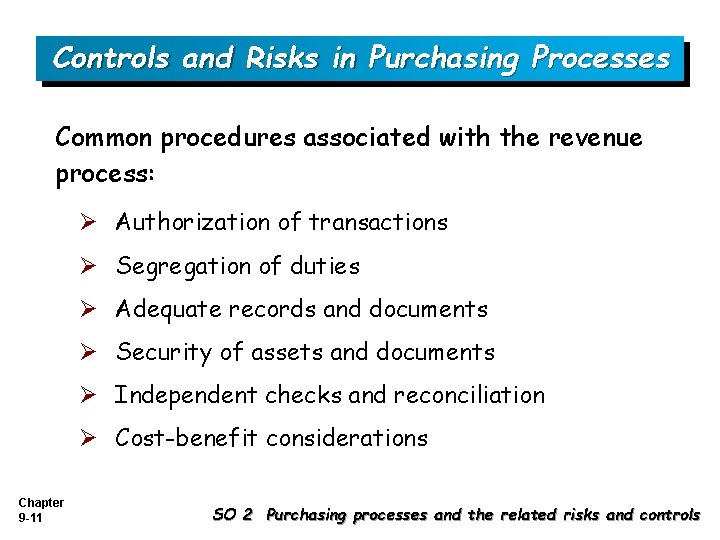 Controls and Risks in Purchasing Processes Common procedures associated with the revenue process: Ø