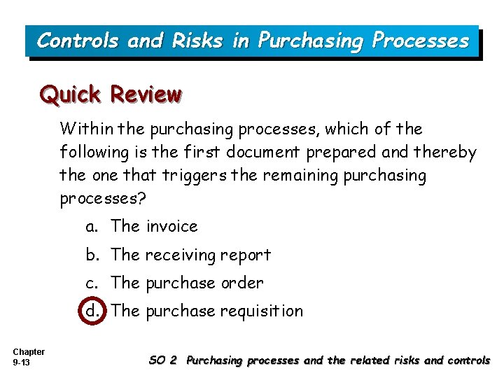 Controls and Risks in Purchasing Processes Quick Review Within the purchasing processes, which of