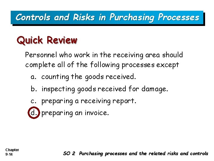 Controls and Risks in Purchasing Processes Quick Review Personnel who work in the receiving