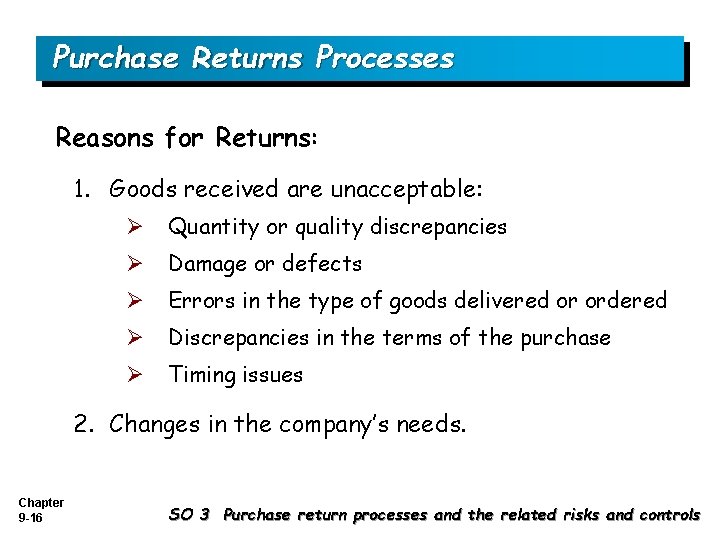 Purchase Returns Processes Reasons for Returns: 1. Goods received are unacceptable: Ø Quantity or