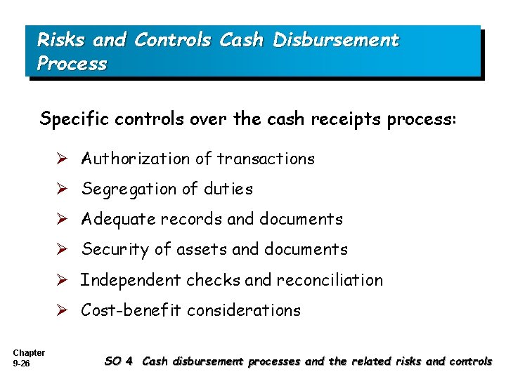 Risks and Controls Cash Disbursement Process Specific controls over the cash receipts process: Ø