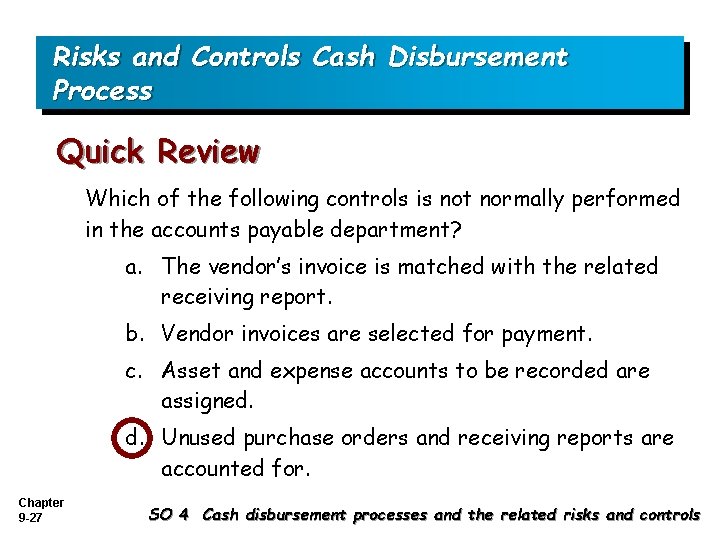 Risks and Controls Cash Disbursement Process Quick Review Which of the following controls is