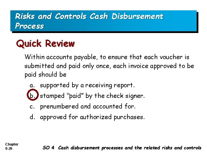 Risks and Controls Cash Disbursement Process Quick Review Within accounts payable, to ensure that