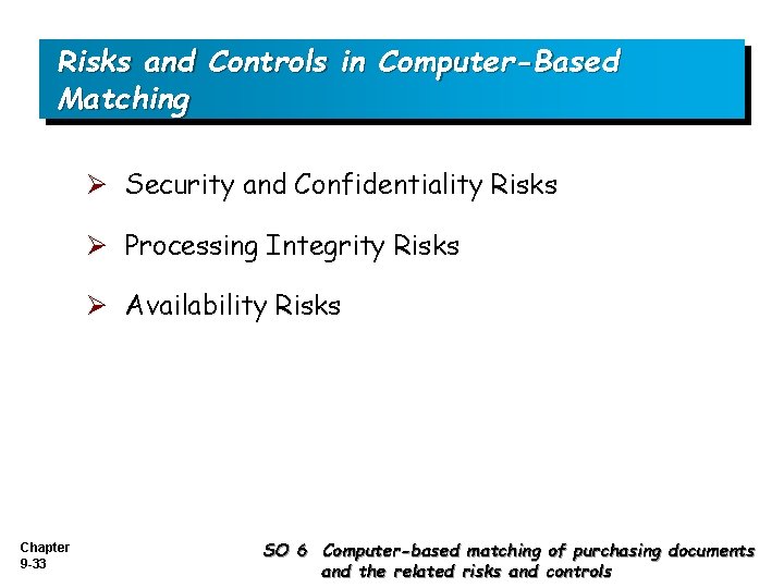 Risks and Controls in Computer-Based Matching Ø Security and Confidentiality Risks Ø Processing Integrity
