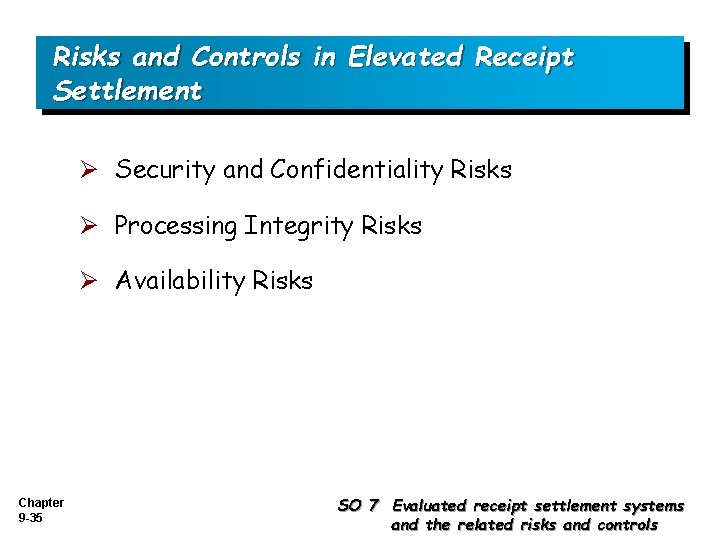 Risks and Controls in Elevated Receipt Settlement Ø Security and Confidentiality Risks Ø Processing