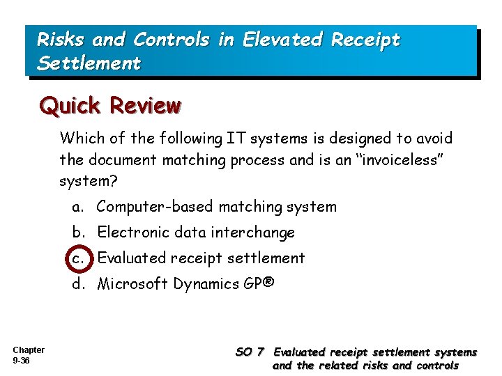 Risks and Controls in Elevated Receipt Settlement Quick Review Which of the following IT