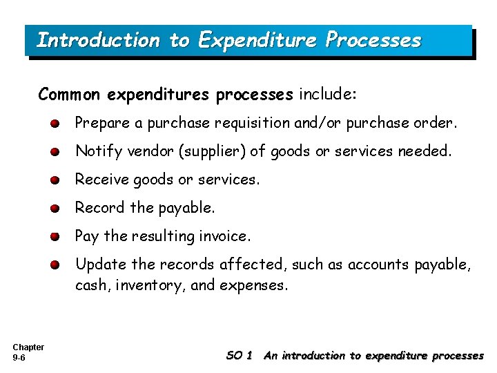 Introduction to Expenditure Processes Common expenditures processes include: Prepare a purchase requisition and/or purchase