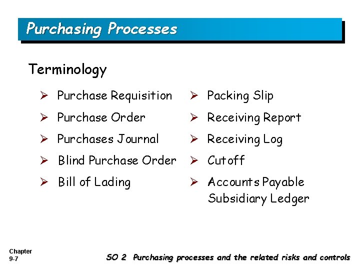 Purchasing Processes Terminology Chapter 9 -7 Ø Purchase Requisition Ø Packing Slip Ø Purchase