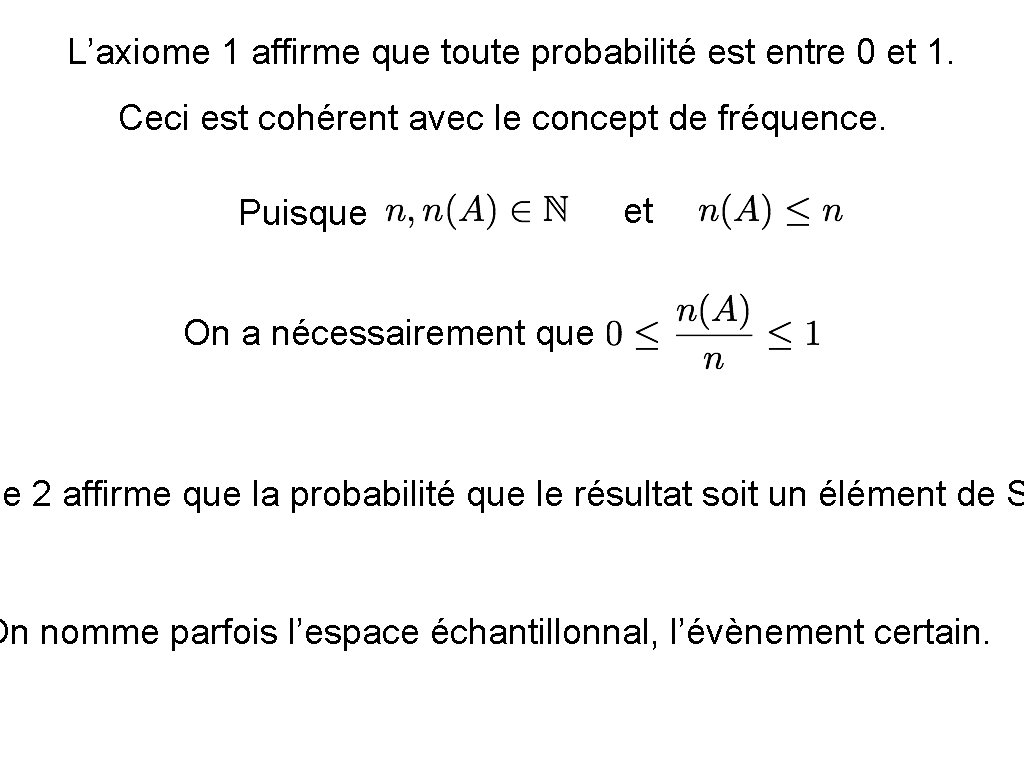 L’axiome 1 affirme que toute probabilité est entre 0 et 1. Ceci est cohérent