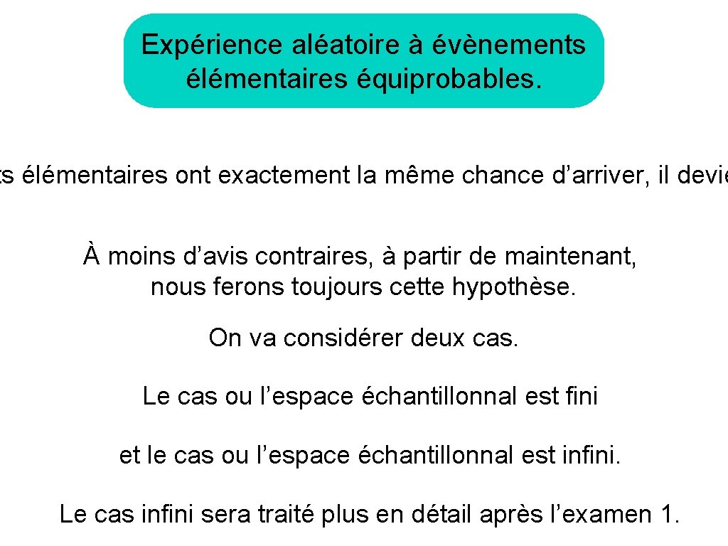 Expérience aléatoire à évènements élémentaires équiprobables. ts élémentaires ont exactement la même chance d’arriver,
