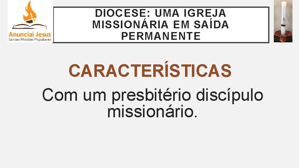 DIOCESE: UMA IGREJA MISSIONÁRIA EM SAÍDA PERMANENTE CARACTERÍSTICAS Com um presbitério discípulo missionário. 