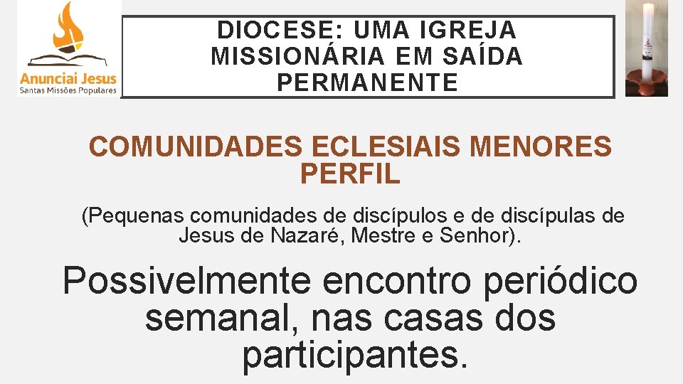 DIOCESE: UMA IGREJA MISSIONÁRIA EM SAÍDA PERMANENTE COMUNIDADES ECLESIAIS MENORES PERFIL (Pequenas comunidades de