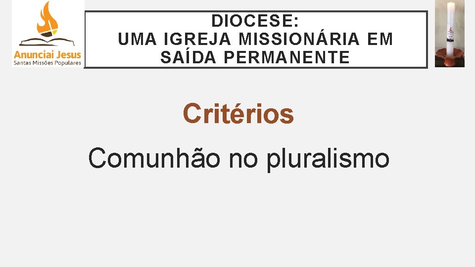 DIOCESE: UMA IGREJA MISSIONÁRIA EM SAÍDA PERMANENTE Critérios Comunhão no pluralismo 