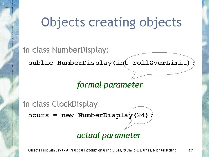 Objects creating objects in class Number. Display: public Number. Display(int roll. Over. Limit); formal