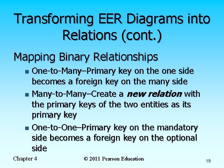 Transforming EER Diagrams into Relations (cont. ) Mapping Binary Relationships One-to-Many–Primary key on the