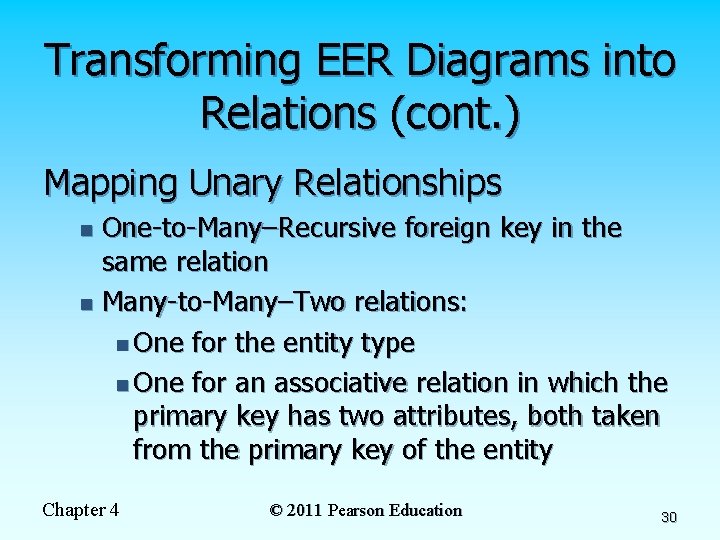 Transforming EER Diagrams into Relations (cont. ) Mapping Unary Relationships One-to-Many–Recursive foreign key in