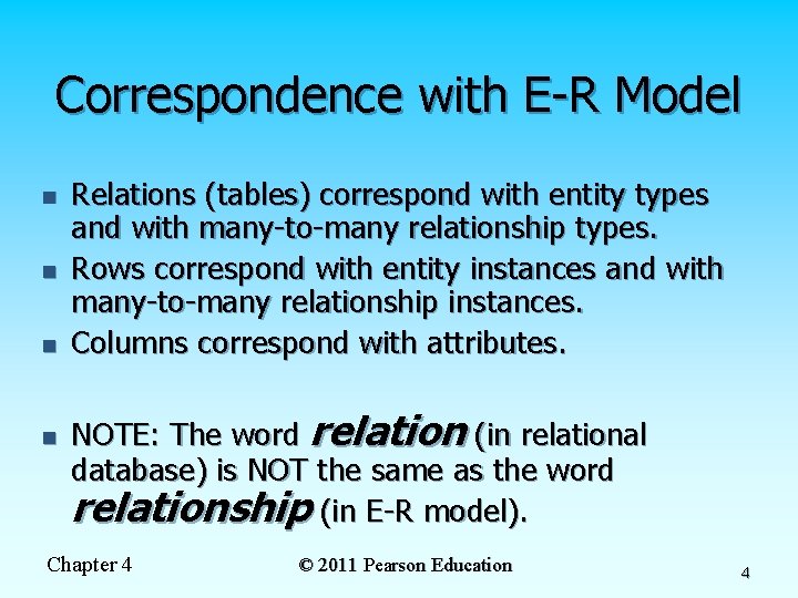 Correspondence with E-R Model n n Relations (tables) correspond with entity types and with